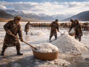 Salt collected by hand from the shallow lakes of Dakzong