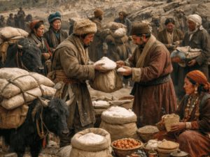 Salt traded for barley through a simple barter system in Sakti